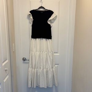 By The River Black and White Ruffle Dress faux sweater vest Anthropologie L maxi